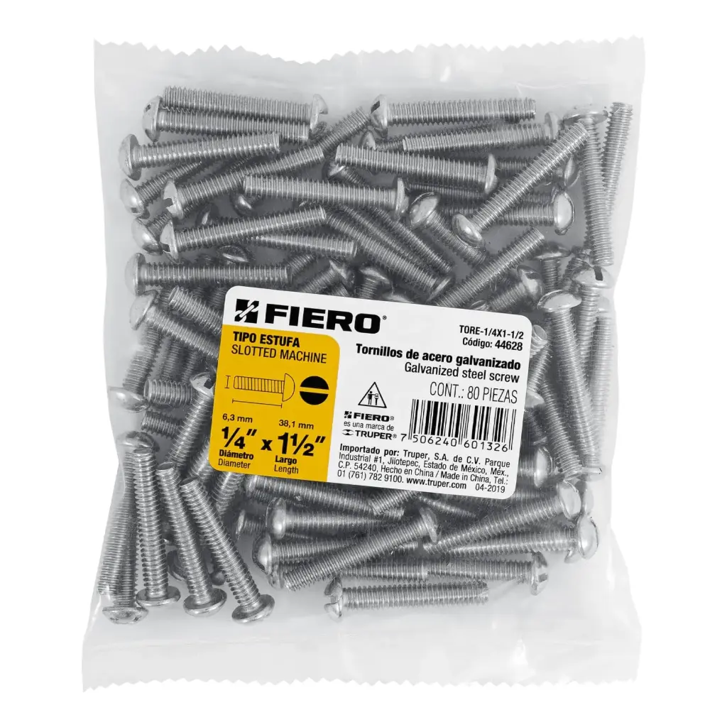 [44628] Bolsa Tornillo #1/4 x 1 1/2 Estufa galvanizado con 80 pzas | Fiero