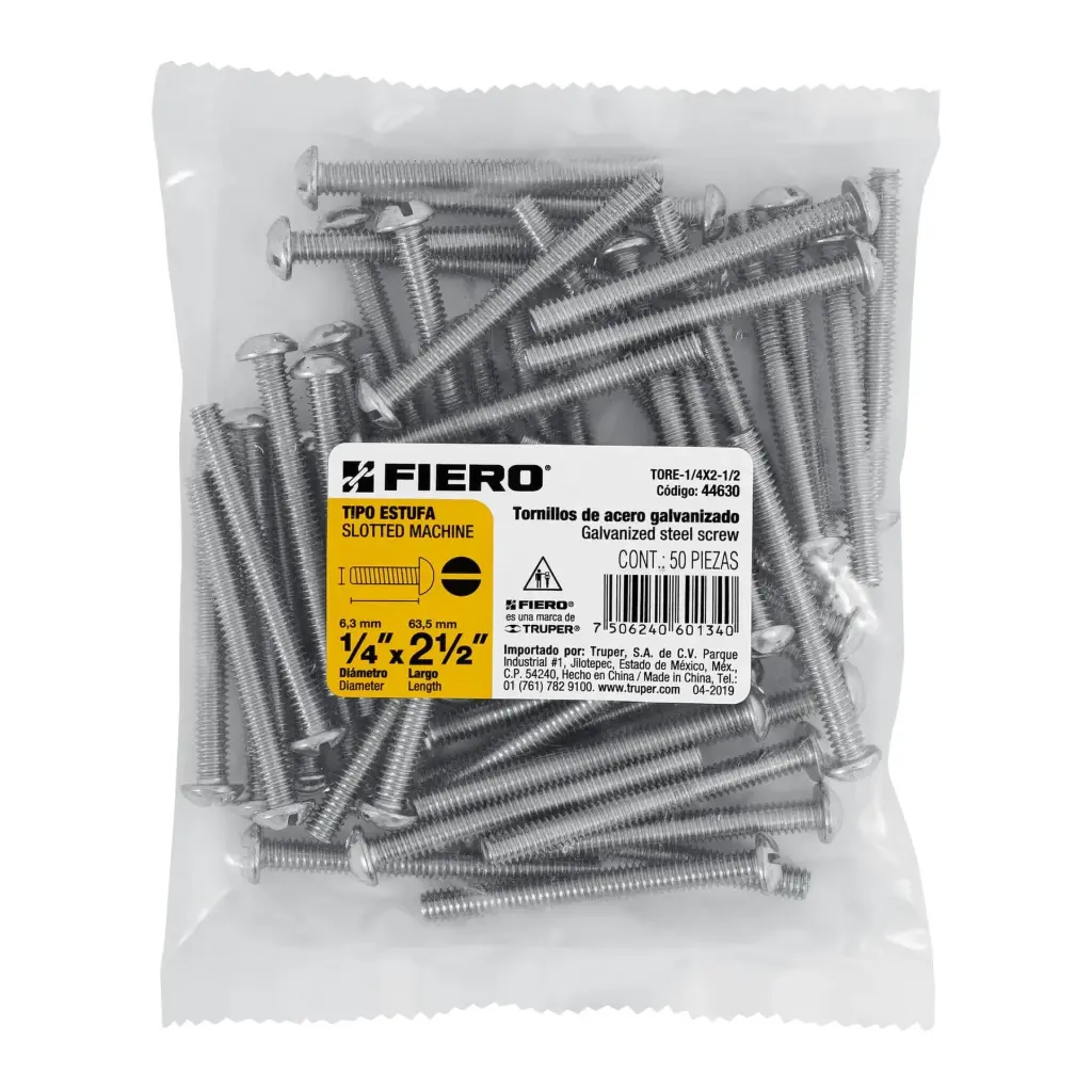 Bolsa Tornillo #1/4 x 2 1/2 Estufa galvanizado con 50 pzas | Fiero