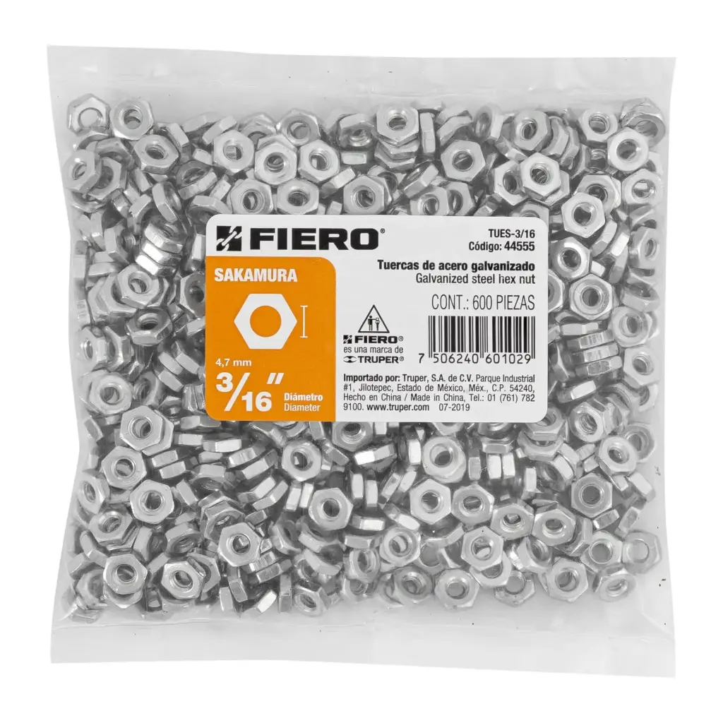 Bolsa tuerca 3/16" hexagonal tipo sakamura con 600 pzas | Fiero