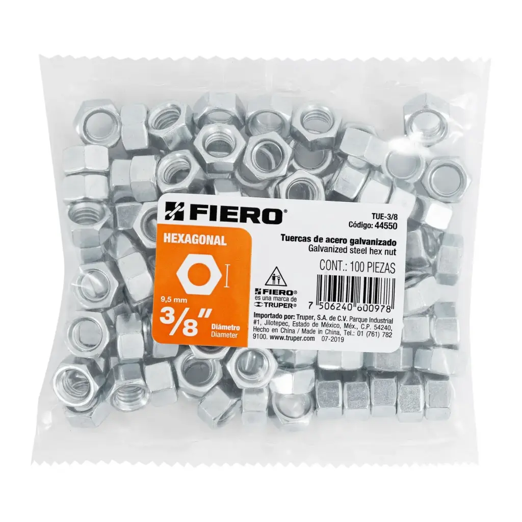 Bolsa tuerca 3/8" hexagonal de acero galvanizado con 100 pzas | Fiero