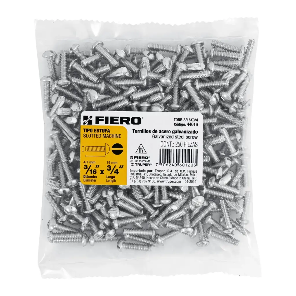 Bolsa Tornillo #3/16 x 3/4 Estufa galvanizado con 250 pzas | Fiero