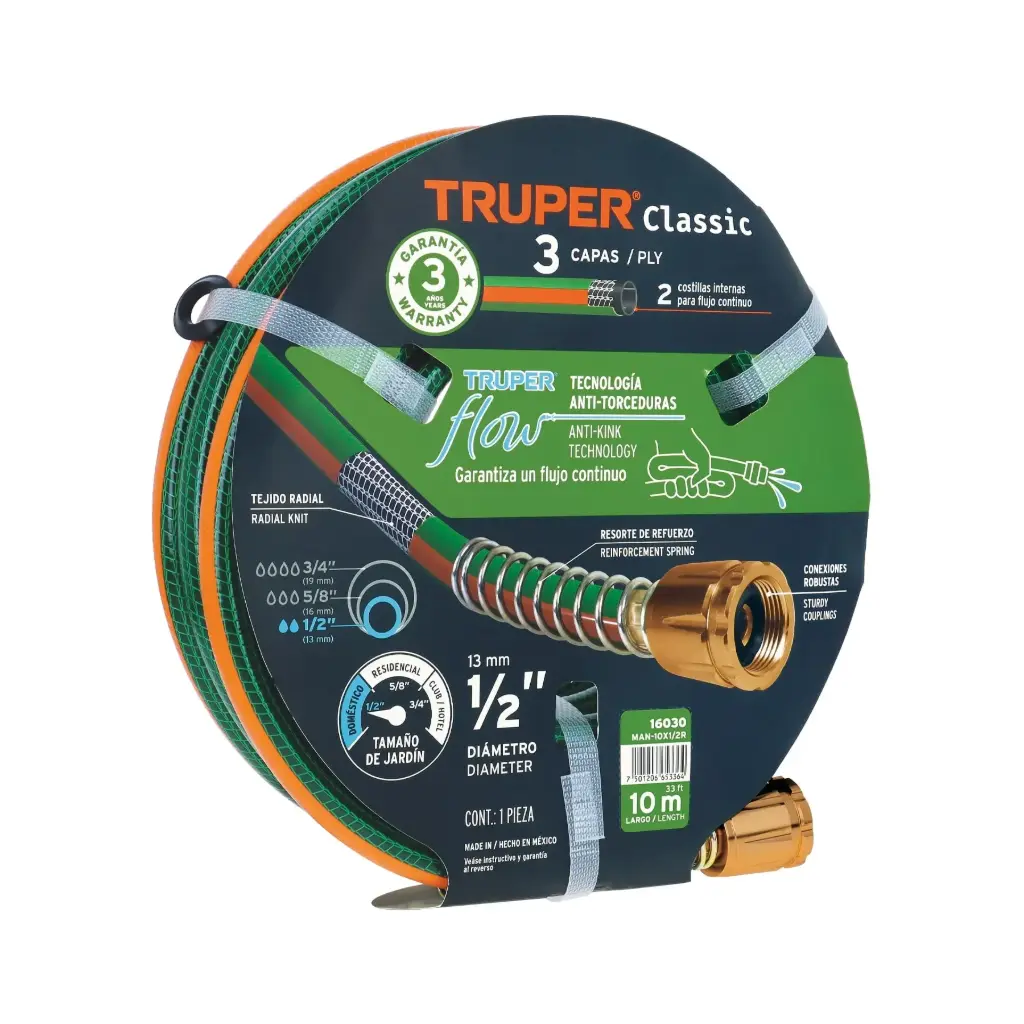 [16030] Manguera 1/2" 10m reforzada 3 capas conexiones de metal  | Truper