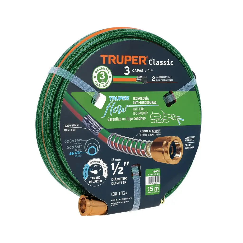 [16031] Manguera 1/2" 15m reforzada 3 capas conexiones de metal  | Truper