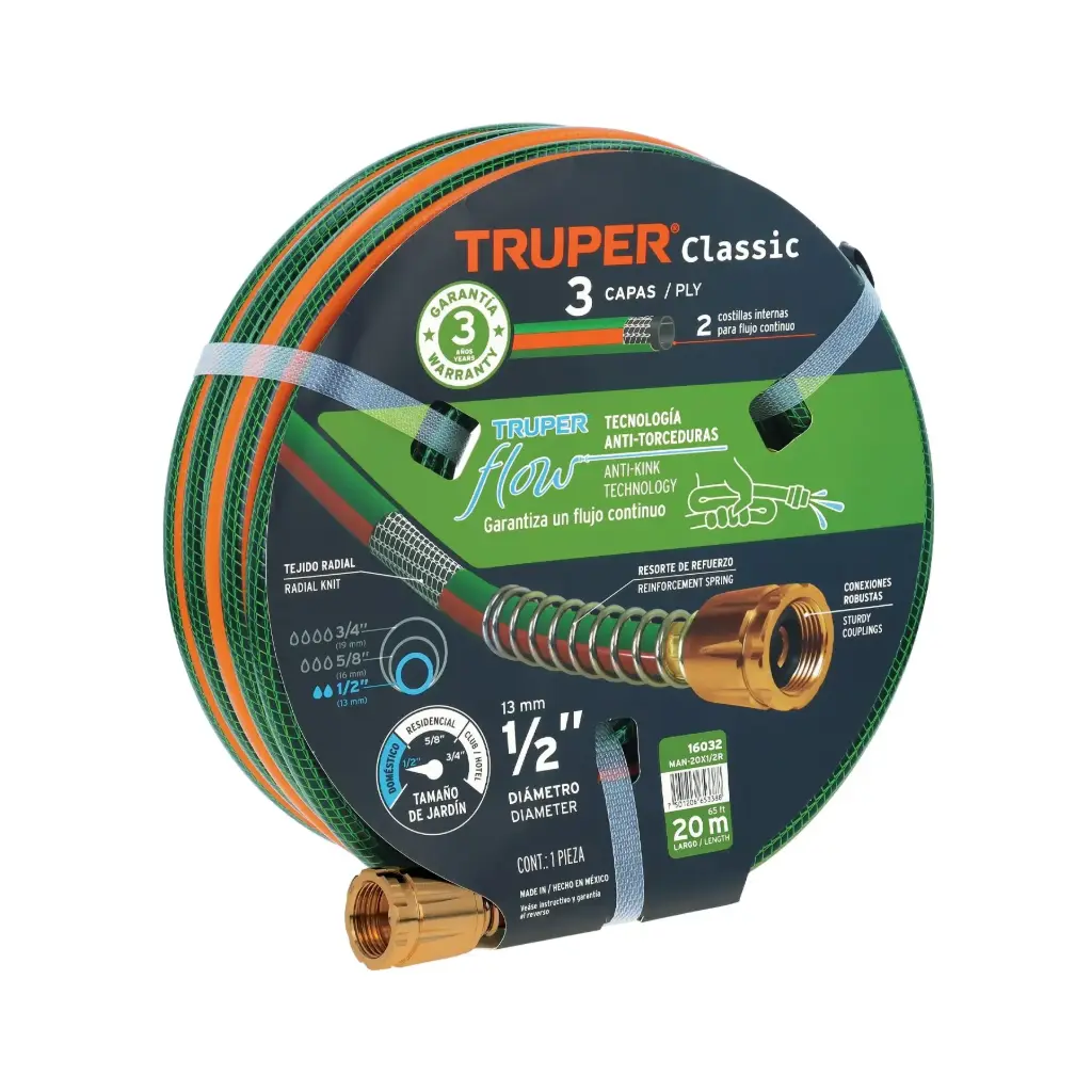 [16032] Manguera 1/2" 20m reforzada 3 capas conexiones de metal  | Truper