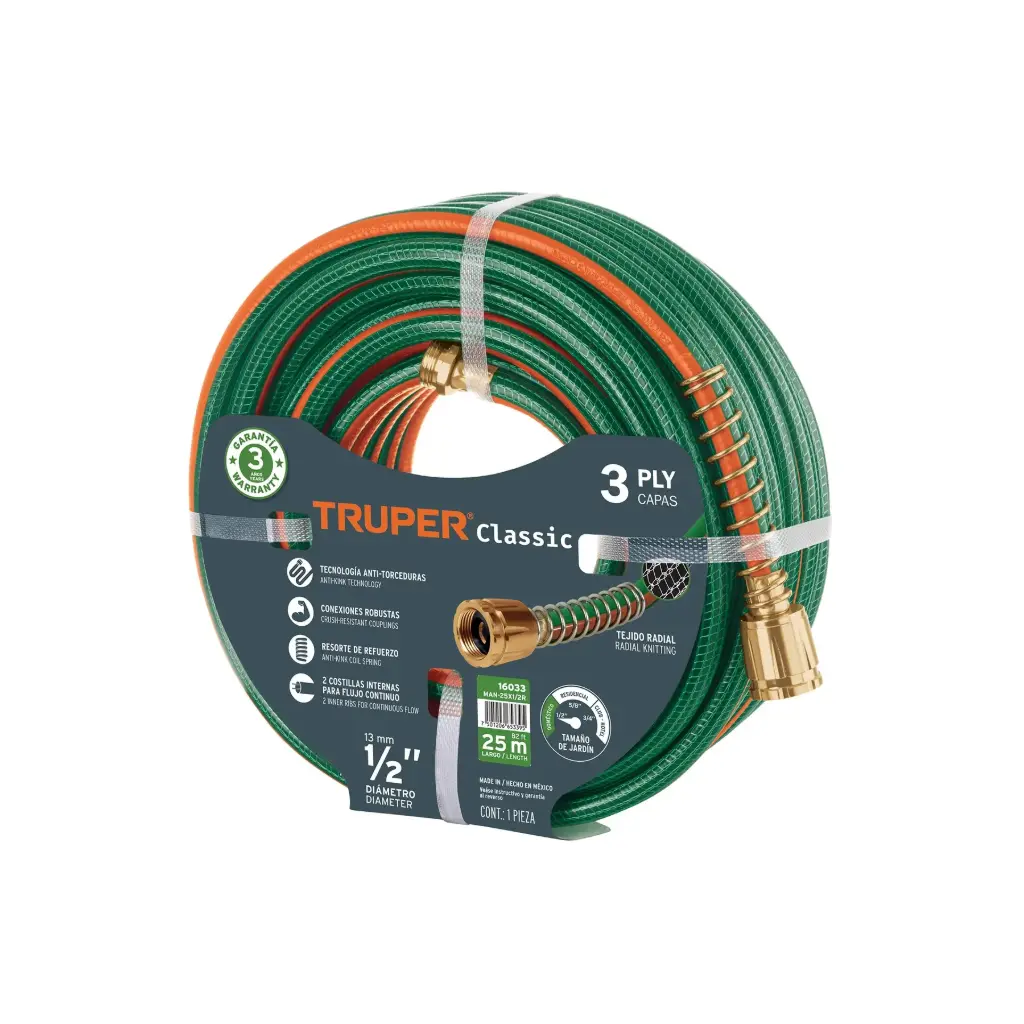 [16033] Manguera 1/2" 25m reforzada 3 capas conexiones de metal | Truper