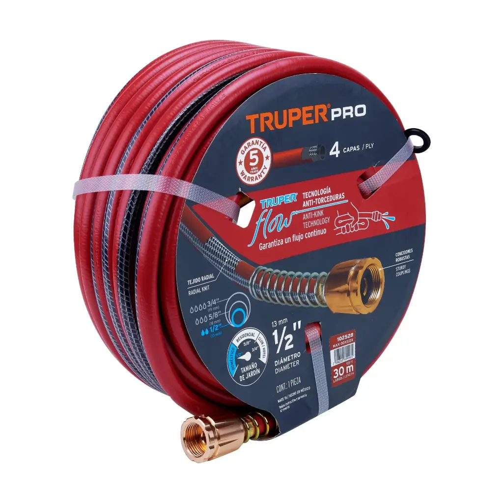 [102528] Manguera 1/2" super reforzada 4 capas 30 m conexiones metal Roja | Truper Pro