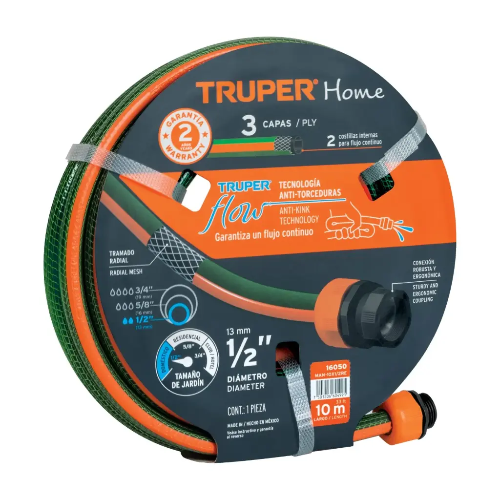 [16050] Manguera 1/2" 10m reforzada 3 capas con guia conexiones plást | Truper