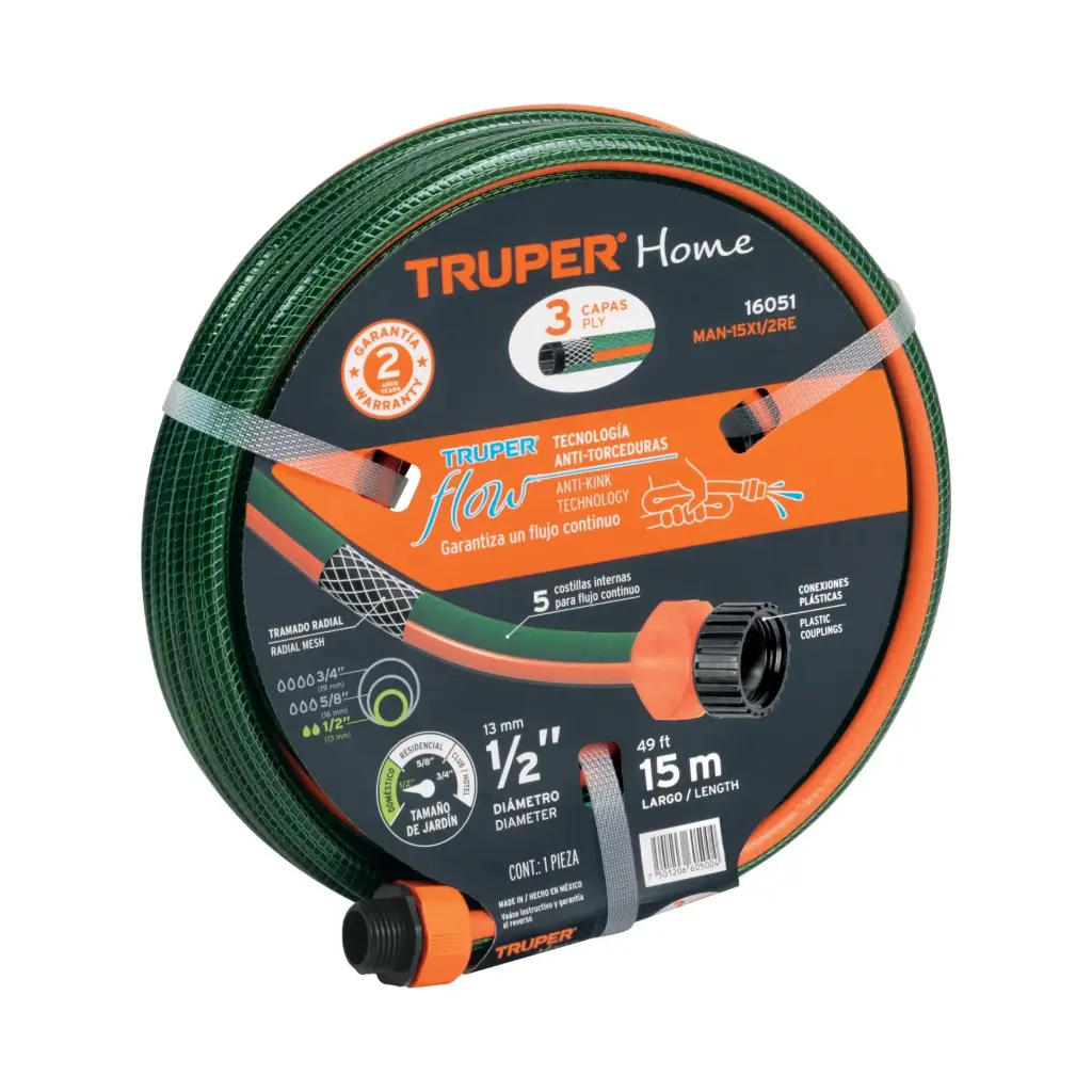 [16051] Manguera 1/2" 15m reforzada 3 capas con guia conexiones plást | Truper